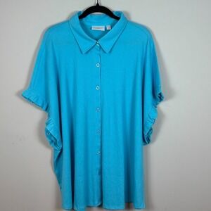 Belle Kim Gravel Womens Blue Stretch‎ Button Up Ruffle Short Sleeve Top 3XL NWOT
